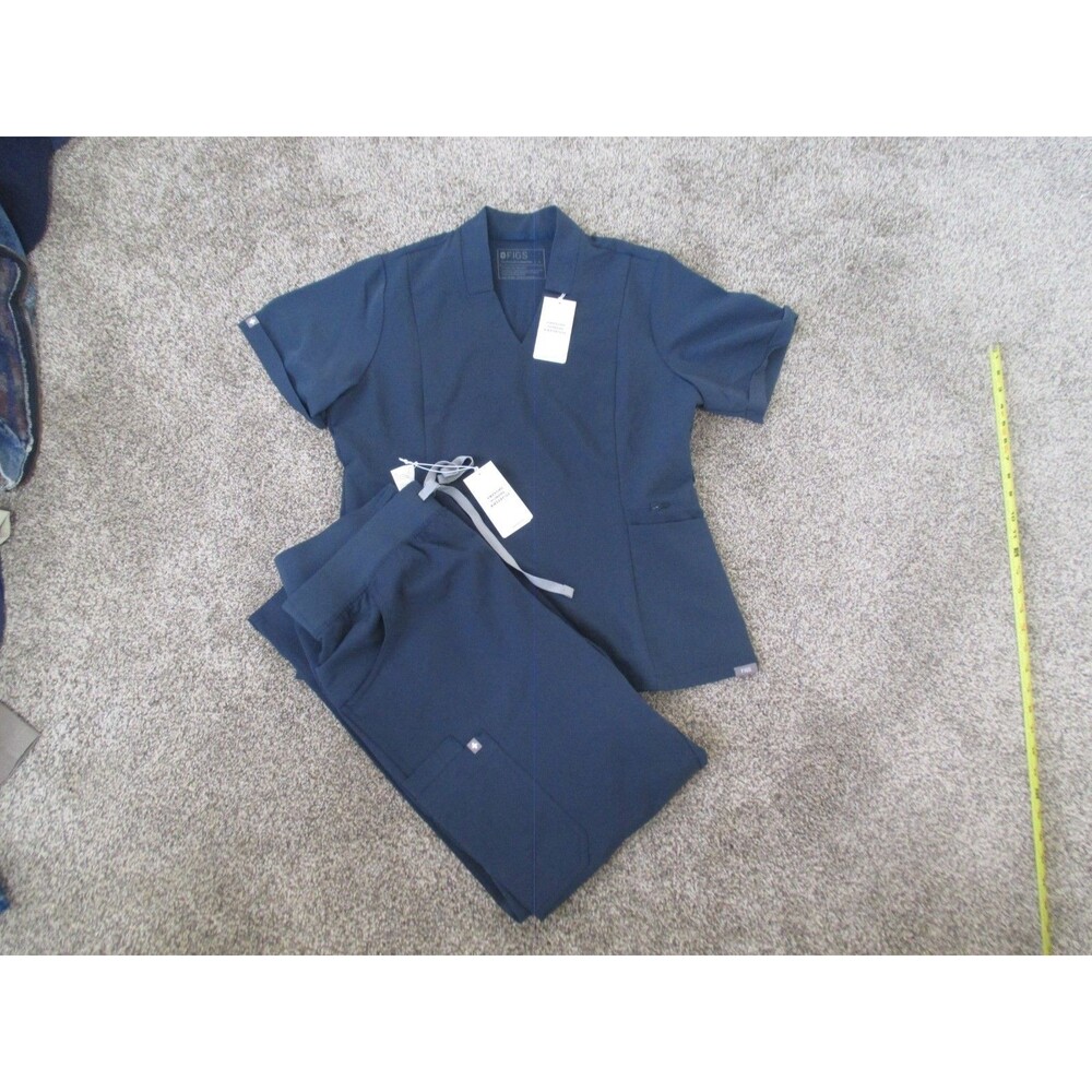 FIGS Technical Collection Scrub Set Top & Pants L Blue Solid Polyester Blend NWT